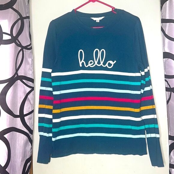 Time and Tru M shirt HELLO Sweater Navy Stripe - Picture 1 of 7